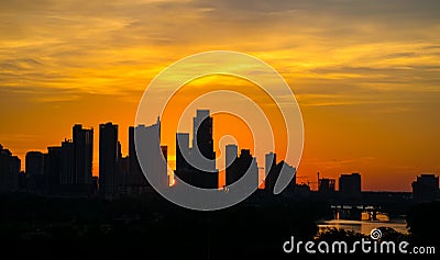 Epic sunrise Austin silhouette downtown skyline twilight Stock Photo