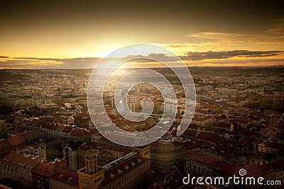 Epic sunset over city with football stadion in Prague Stock Photo