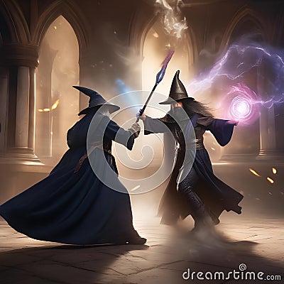 Epic wizard duel, Wizards engaged in a magical duel amidst swirling energy and arcane symbols4 Stock Photo