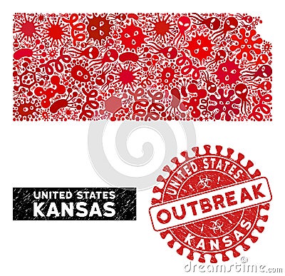 Outbreak Collage Kansas State Map with Grunge OUTBREAK Stamp Seal Vector Illustration