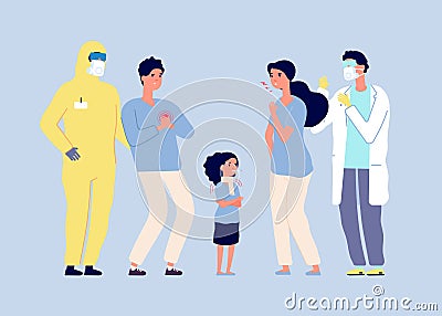 Epidemic concept. Virus disease, doctors protect ill people. Medical staff in protective suits. Respiratory infection Vector Illustration