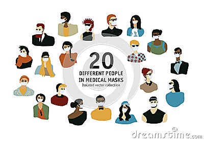 Epidemic virus people medical masks different people isolated portrate Vector Illustration