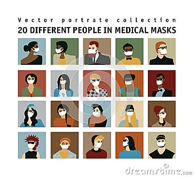 Epidemic virus people medical masks people portrate set Vector Illustration