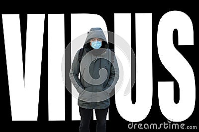 Epidemic virus word. Man in mask. Dangerous flu strain cases. Pandemic disease. Health problem concept Stock Photo