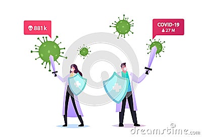 Epidemiology Concept. Tiny Doctors Characters in Medical Robe, Mask Hold Huge Shield and Sword Protecting of Virus Cell Vector Illustration