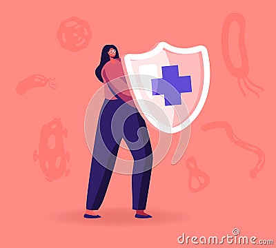 Epidemiology Concept. Woman Hold Shield with Cross Sign. Health Danger Risk Spread. Sanitary Condition Prevention Vector Illustration