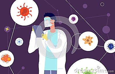 Epidemiology. Virologist in protective suit studies viruses and coronaviruses. Flat medical scientist, laboratory and Vector Illustration