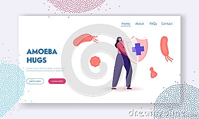 Epidemiology Website Landing Page. Woman Hold Shield with Cross Sign. Sanitary Condition Prevention and Virus Protection Vector Illustration