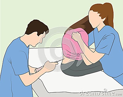 Epidural shot - Nurse comforting pregnant woman, doctor gives Epidural Vector Illustration