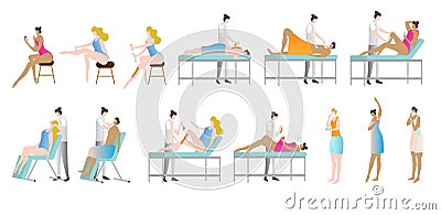 Epilation and depilation vector illustration collection set. Woman in beauty saloon sitting, lying, or standing to shave legs skin Vector Illustration