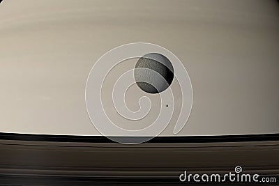 Epimetheus and Rhea orbiting around Saturn planet. 3d render Stock Photo