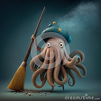 Epiphany hag octopus riding a broom illustration generative ai Cartoon Illustration