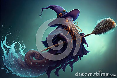 Epiphany hag octopus riding a broom illustration generative ai Cartoon Illustration
