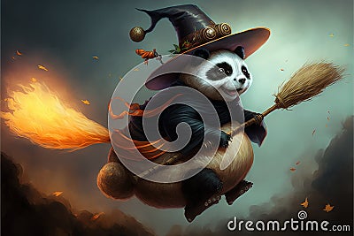 Epiphany hag panda riding a broom illustration generative ai Cartoon Illustration