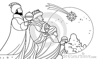 Cartoon three wise men offering gifts in Bethlehem coloring page Vector Illustration