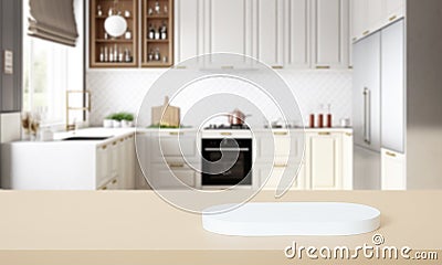 Epmty place for product on podium or pedestal on bright modern kitchen background. Kitchen mock up. AI generated Stock Photo