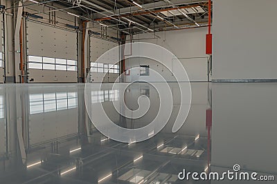 Epoxy and waxed flooring with colorful signage Stock Photo