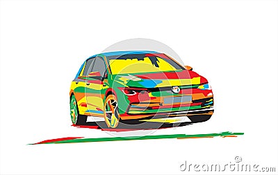 Colorful Volkswagen Golf Mk 8 drawing Vector Illustration