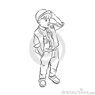 Eps 10 vector hand drawn silhouette of little baby boy. Cute kid dressed up in fashion clothes. Sweet child standing and looking Vector Illustration