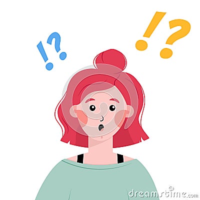 Surprised redhead girl with exclamation and question marks above her head. Vector Illustration