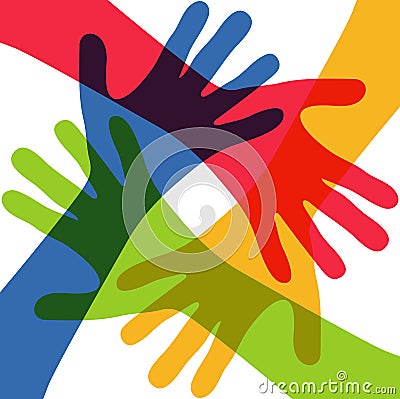 four people stretch out their hands Vector Illustration