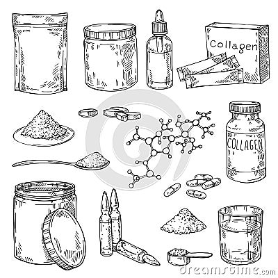 Sketch Collagen protein powder, helix molecule, pills, essential oils - Hydrolyzed. Stock Photo