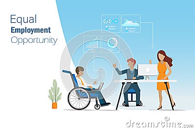 Equal employment opportunity and break the bias concept. Man on wheelchair analyzing and discussing business graph report with Stock Photo