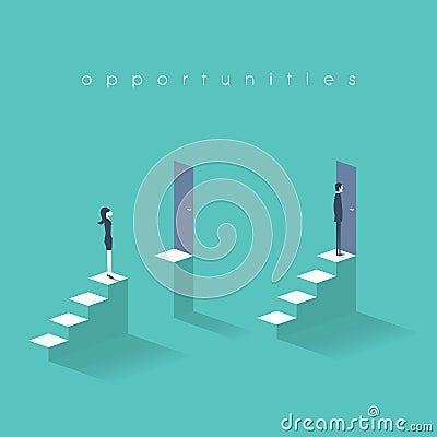 Equal opportunities business concept with businesswoman and businessman standing in front of doors on top stairs. Vector Illustration
