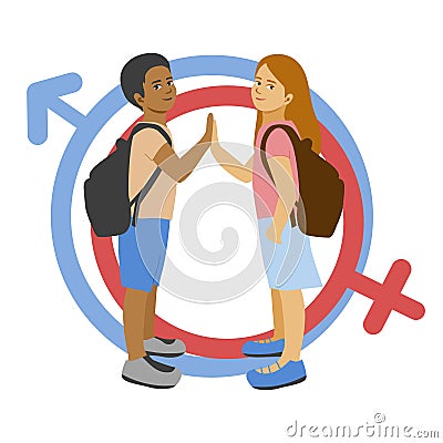 Equal opportunities in education for boys and girls, schoolchildren with schoolbags stand and smile holding hands, background of Vector Illustration