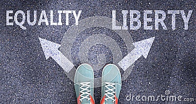 Equality and liberty as different choices in life - pictured as words Equality, liberty on a road to symbolize making decision and Cartoon Illustration