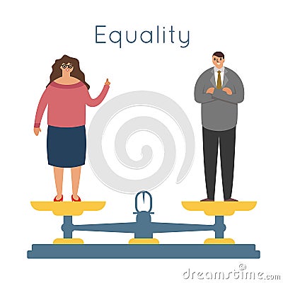 Equality men women equal rights male female characters balance scales weigher concept modern flat design vector Vector Illustration