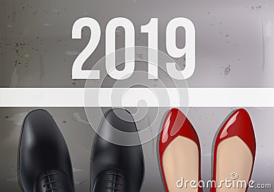 Equality of opportunity symbolized by the shoes of a man and a woman in front of the 2019 starting line Stock Photo