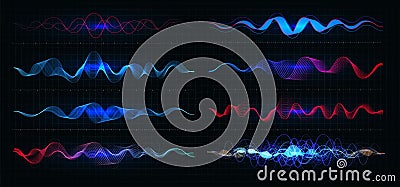 Equalizer vector illustration. Pulsation color wavy motion lines on black background. Radio frequency graph. Graphic Vector Illustration