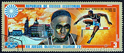 EQUATORIAL GUINEA - CIRCA 1972: A stamp printed in Equatorial Guinea shows Lee Quincy Calhoun 1933-1989 and Odeonsplatz Editorial Stock Photo