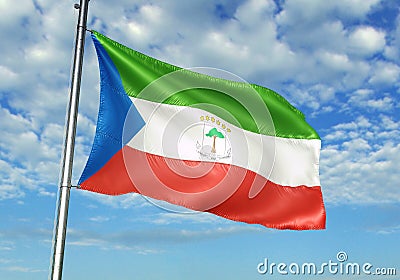 Equatorial Guinea flag waving with sky on background realistic 3d illustration Cartoon Illustration