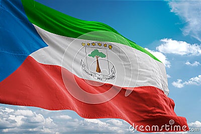 Equatorial Guinea national flag waving blue sky background realistic 3d illustration Cartoon Illustration