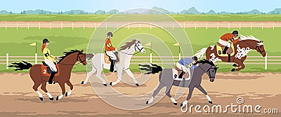 Equestrian competitions. Horse racing, hippodrome sport tournament, professional jockeys wearing helmets on racehorses Vector Illustration