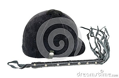 Equestrian Helmet and Leather Whip Stock Photo