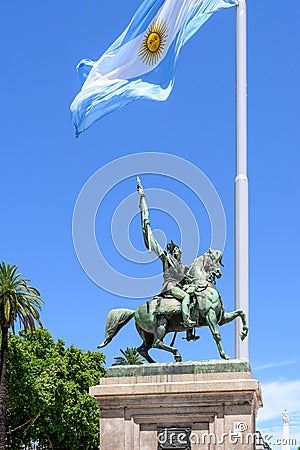 Buenos Aires, Argentina, Equestrian monument to General Manuel Belgrano with Argentine flag. Editorial Stock Photo