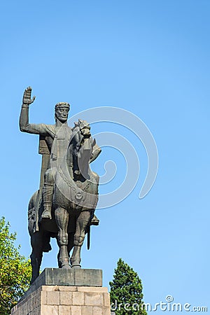 Equestrian monument to Vakhtang Gorgasali against the blue sky. Georgia. Tbilisi. 04.09.2023 Editorial Stock Photo