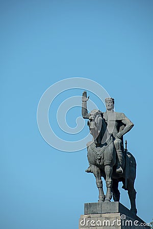 Equestrian monument to Vakhtang Gorgasali against the blue sky. Georgia. Tbilisi. 04.09.2023 Editorial Stock Photo