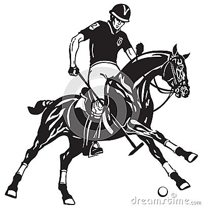 Equestrian polo player on a black pony horse Vector Illustration