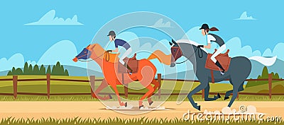 Equestrian sport background. People rides on race horse outdoor vector illustrations in cartoon style Vector Illustration