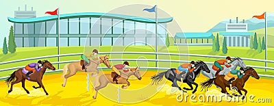 Equestrian sport cartoon banner template with running and jumping horses with riders at competition Vector Illustration