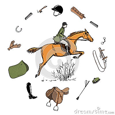 Equestrian sport with horse rider style. Saddlery in leather belt frame with bit, saddle, bridle, stirrup, brush, blanket horse ri Vector Illustration