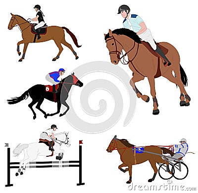 Equestrian sports. dressage,jump show,gallop,harness racing Vector Illustration