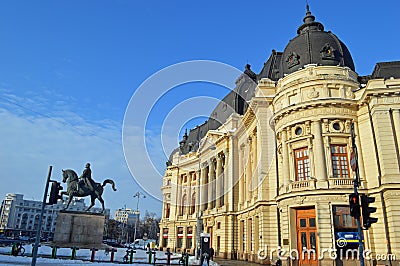 Equestrian statue of Carol I and University Library Bucharest Romania Editorial Stock Photo