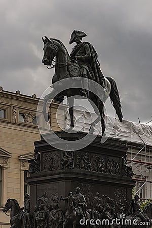 The equestrian statue of King Frederick II of Prussia Friedrich the Great at the east end of Unter den Linden street in Berlin, Stock Photo