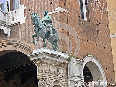 The equestrian statue of Niccolo III d` Este, Marquis of Ferrara on a triumphal arch Stock Photo