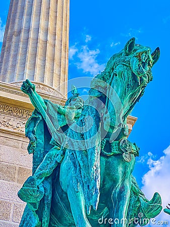 The equestrian statue of one of Hungarian chieftain leader, mounted on the base of the column on Heroes` Square of Budapest, Stock Photo